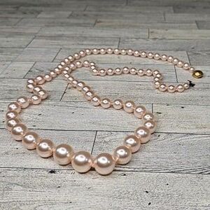 Vintage Xtra Long Graduated Pink Faux Pearl Beaded Necklace 43"L Round Box Clasp